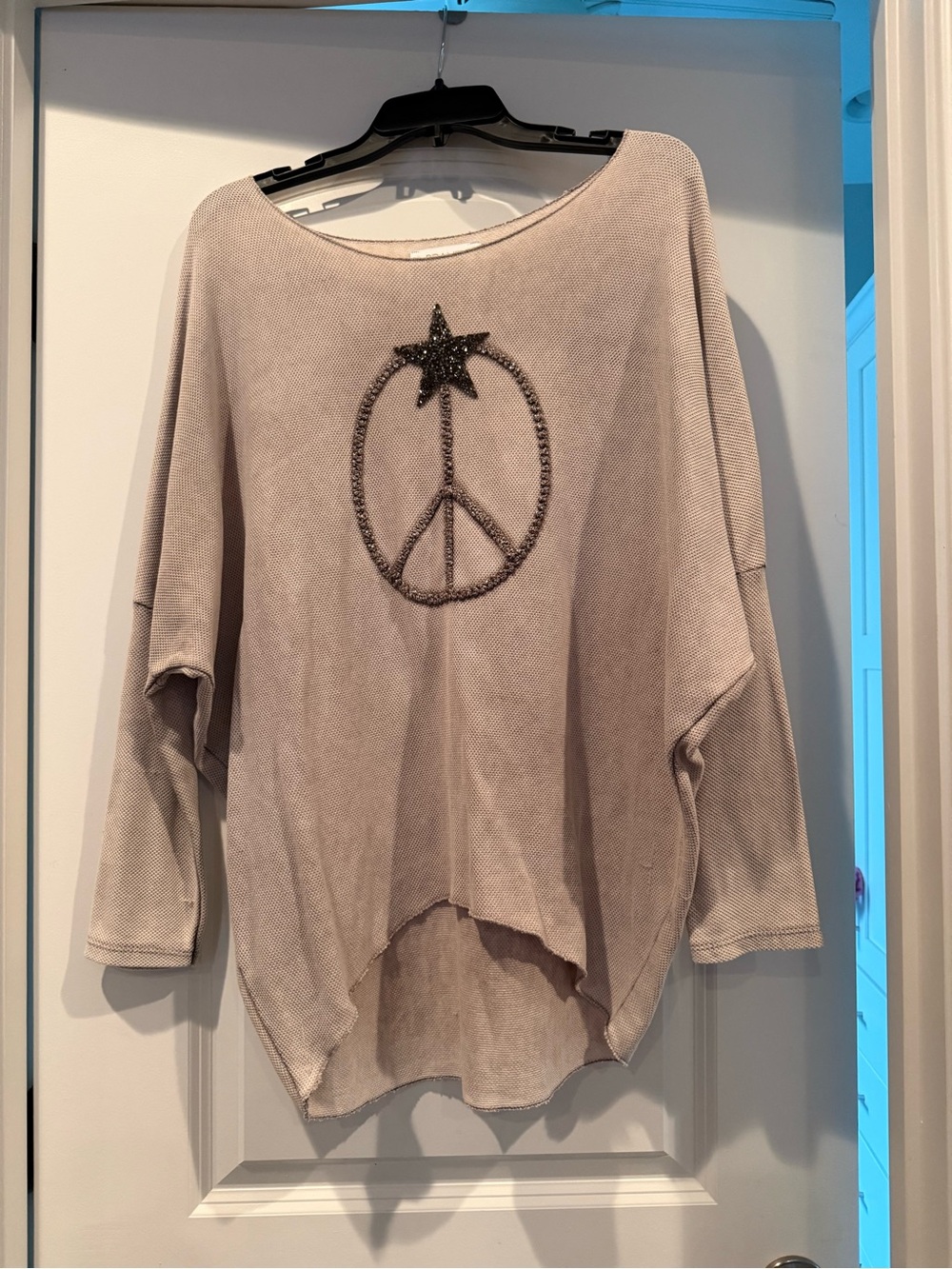 Beaded Peace Sign Oversized Pullover Sweatshirt - Light Taupe